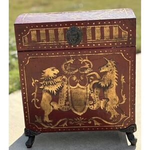 Late 20th Century Vintage Toile Leather Document Keepsake Box Lion Crest Baroque